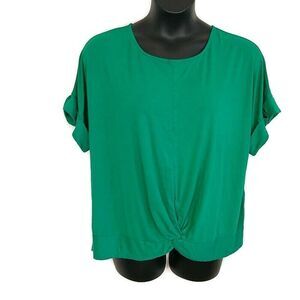 💥5/$25 Zenana Womens sz 3x Top Green Short Roll Cuff Sleeve Knot Front